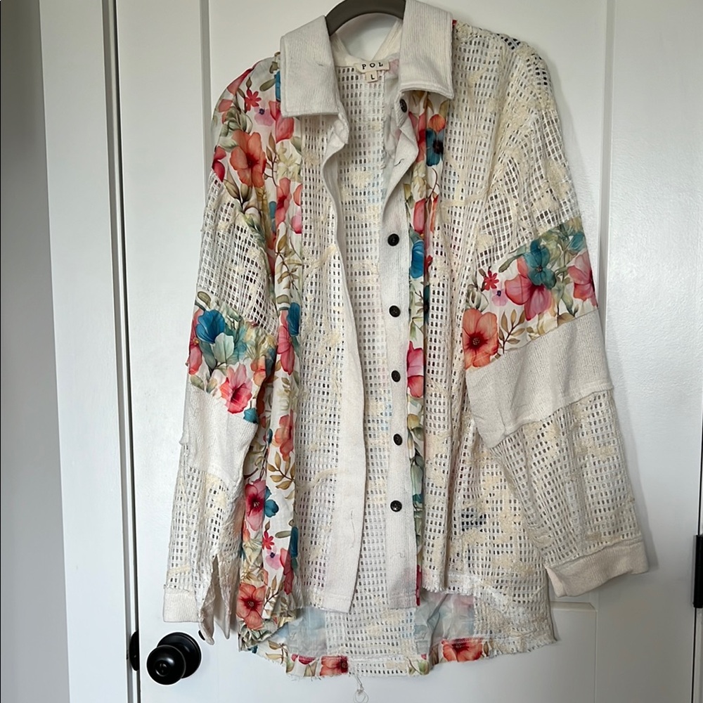 POL Cream and Floral Mesh Shirt Shacket Large